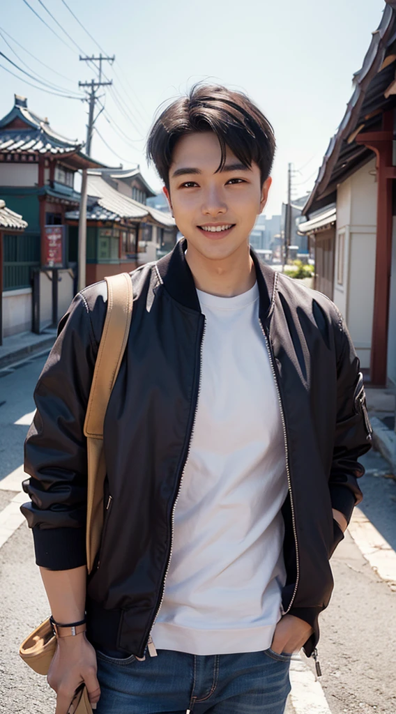 Masterpiece, best quality best, 1 young man, Asian man, East Asian people, one person, The muscles are in good proportion., Posing obscenely, short hair details,smile, white teeth, jacket set, road background, Realistic style,photography,Can be seen from the front, see viewers