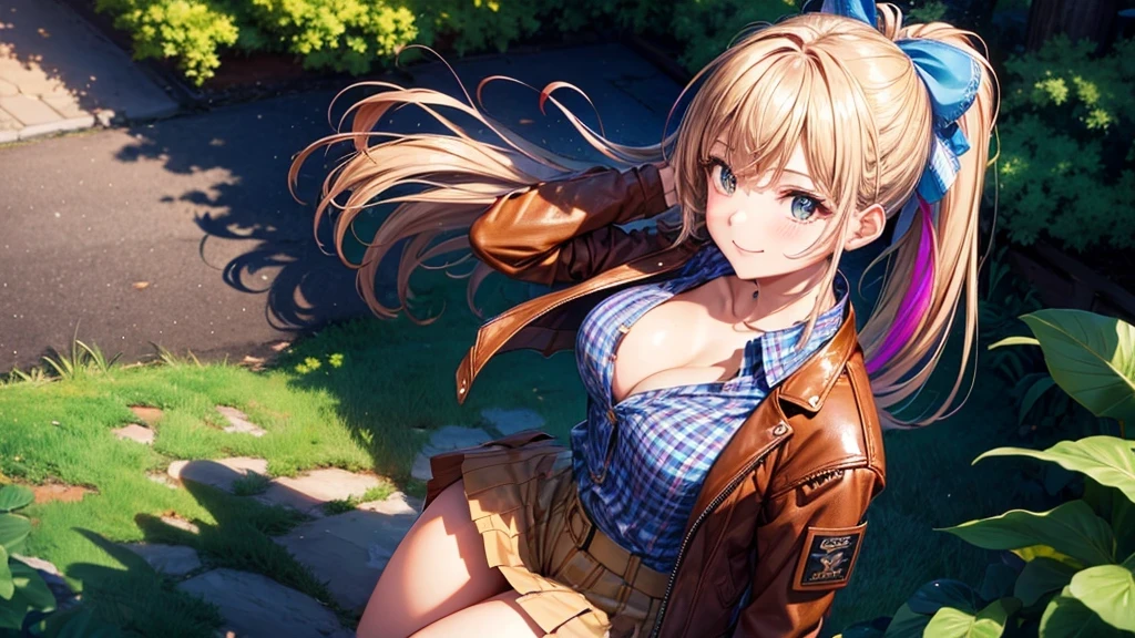 1girl, solo, ((upper view)), full body, summer, village, trees, sun, clouds, ((colorful hair)), ponytail, large full , ((brown leather jacket)), button  shirt, ((blue checked shirt)), ((short sleeved shirt)), ((unbuttoned shirt)), unbuttoning buttons, clge 1:3, bs, skirt, smile, looking at the viewer, standing, hair ribbon, golden necklate