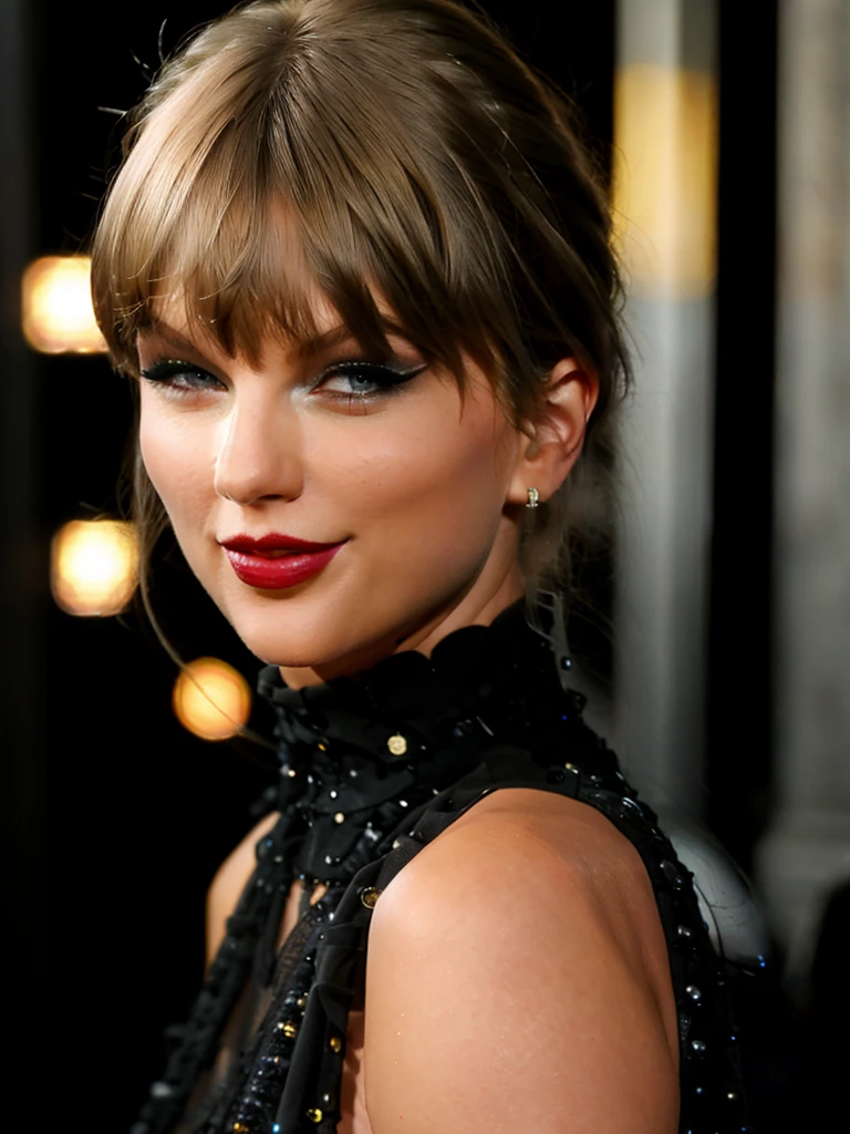 photorealistic portrait of 1 woman, xtaylor, swift, detailed lips, extremely detailed face, makeup, sexy black gothic dress, holding a microphone, from the waist up, on the scene, (best quality,4k,8k,highres,masterpiece:1.2),ultra-detailed,(realistic,photorealistic,photo-realistic:1.37),studio lighting,vivid colors,portrait