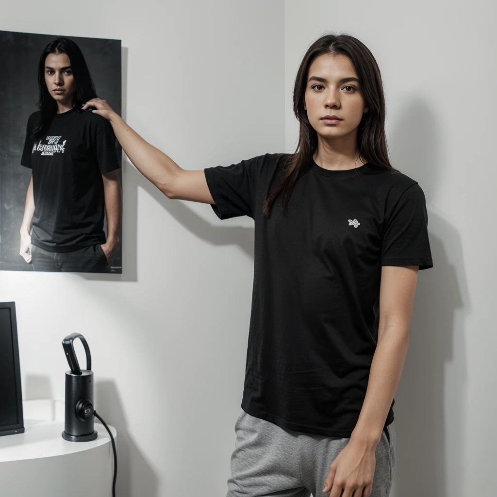 Studio photo, Black t-shirt distro, Hanging on the wall in the front, portrait product, detailed, promotion, t-shirt, and gray hue, on a plain white photorealistic background.