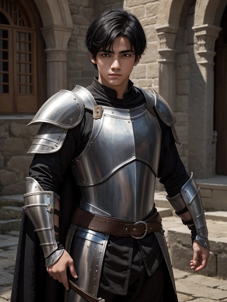 18 year old young man, medieval clothing, black hair, black eyes, white skin, realistic skin, short hair, black armor