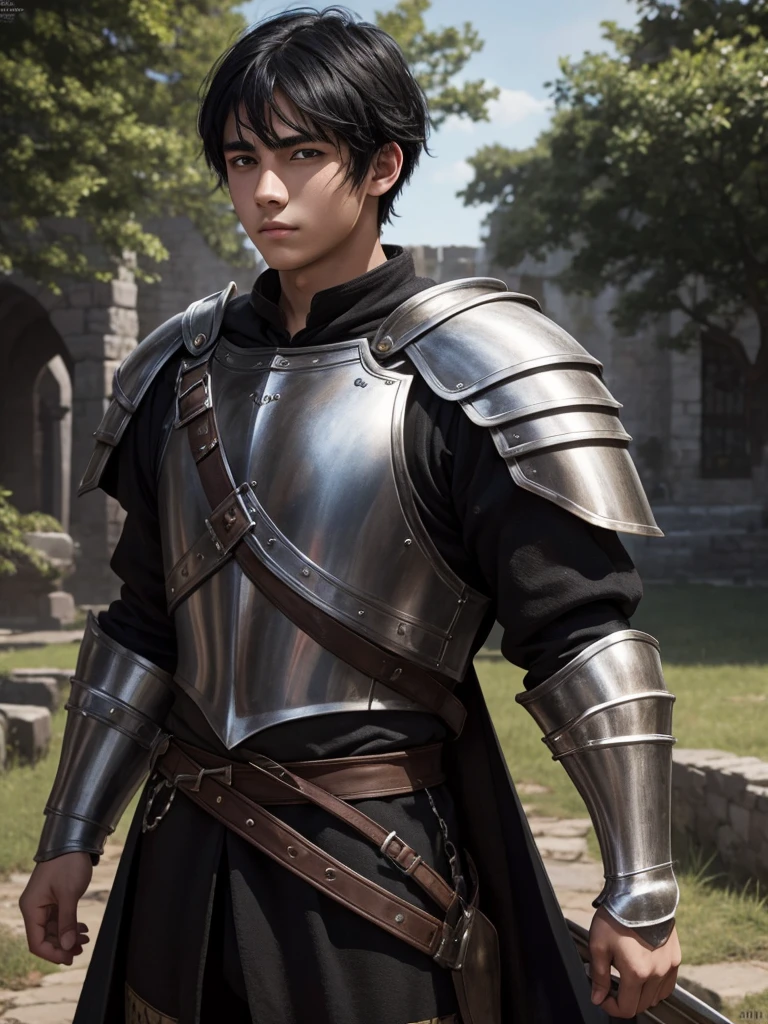 18 year old young man, medieval clothing, black hair, black eyes, white skin, realistic skin, short hair, black armor