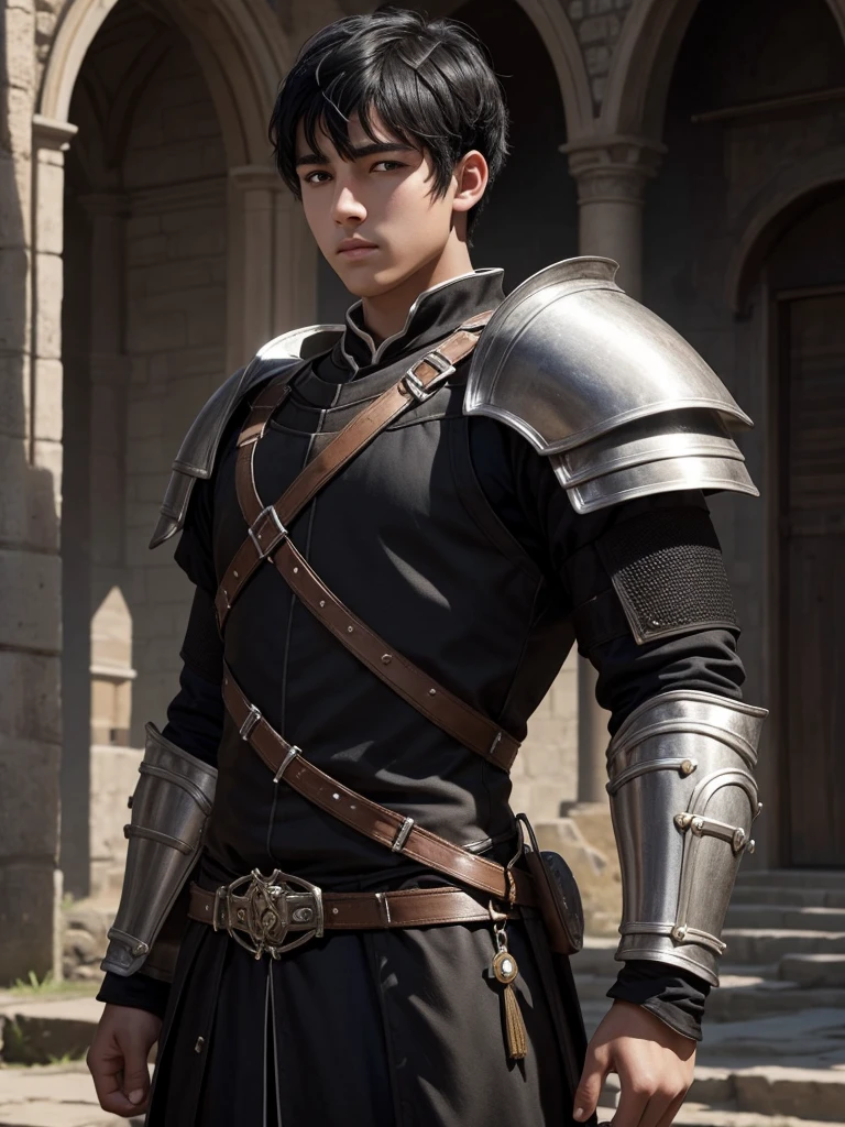 18 year old young man, medieval clothing, black hair, black eyes, white skin, realistic skin, short hair, black armor