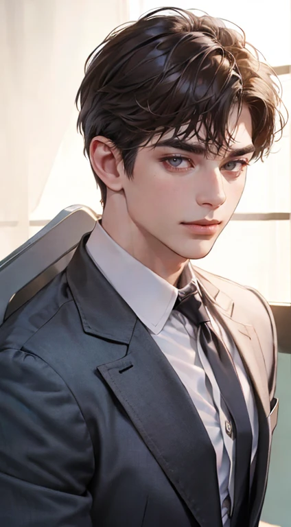 a mature, charming young man, 36 years old, with dark grey eyes, short right-swept dark brown hair, thick eyebrows, wearing a suit, in a quiet, smile in love expression, gazing at the audience, against a plain background with cinematic lighting, (best quality, 4k, 8k, highres, masterpiece:1.2), ultra-detailed, (realistic, photorealistic, photo-realistic:1.37), detective