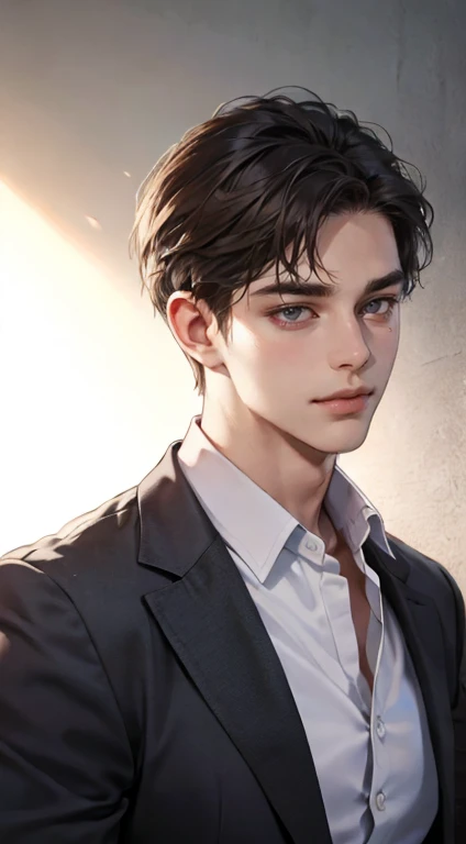a mature, charming young man, 36 years old, with dark grey eyes, short right-swept dark brown hair, thick eyebrows, wearing a suit, in a quiet, smile in love expression, gazing at the audience, against a plain background with cinematic lighting, (best quality, 4k, 8k, highres, masterpiece:1.2), ultra-detailed, (realistic, photorealistic, photo-realistic:1.37), detective