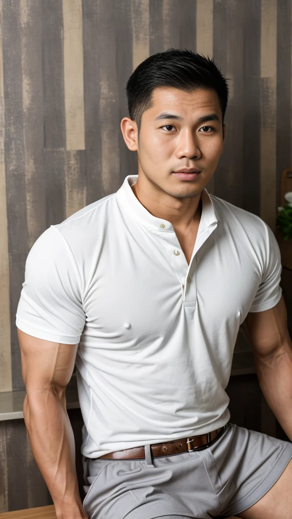 Thai man ,man,He is about 30 years old.,Rough and handsome appearance,Big muscles,large pectoral muscles,polo shirt park,Big waistline,chest hair,sitting on the roadside,Wearing the tongs,buzz cut, angry, sullen, best quality, Masterpiece,(Kitchen Background:1.5),(Have muscles:4.5),(fat:1.5),(gray hair:1.5 ),(gray body hair:1.5),(skin wrinkles:1.5),(shine on the skin:1.5),