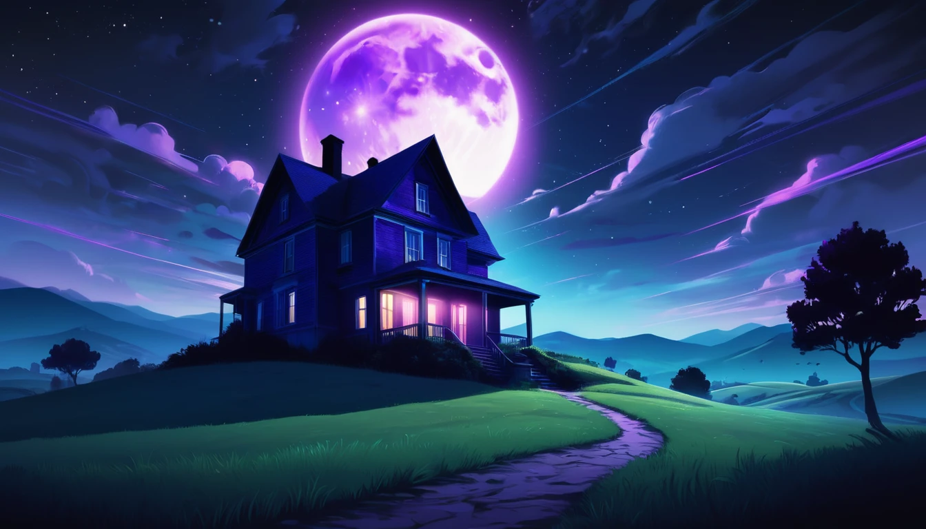 A nighttime scene with a starry sky and dark clouds in the background. In the foreground, there is the silhouette of an old, lonely house on a hill, illuminated by a large, bright full moon. Surrounding the house, there are subtle neon light waves and light trails, adding a trance music vibe. The color scheme includes shades of blue, purple, and black. The title “Jest taki samotny dom (Trance Remix)” is written in a futuristic font at the top, and the artist name “SOwho” is written at the bottom, with the remixer’s name below it in smaller font.
