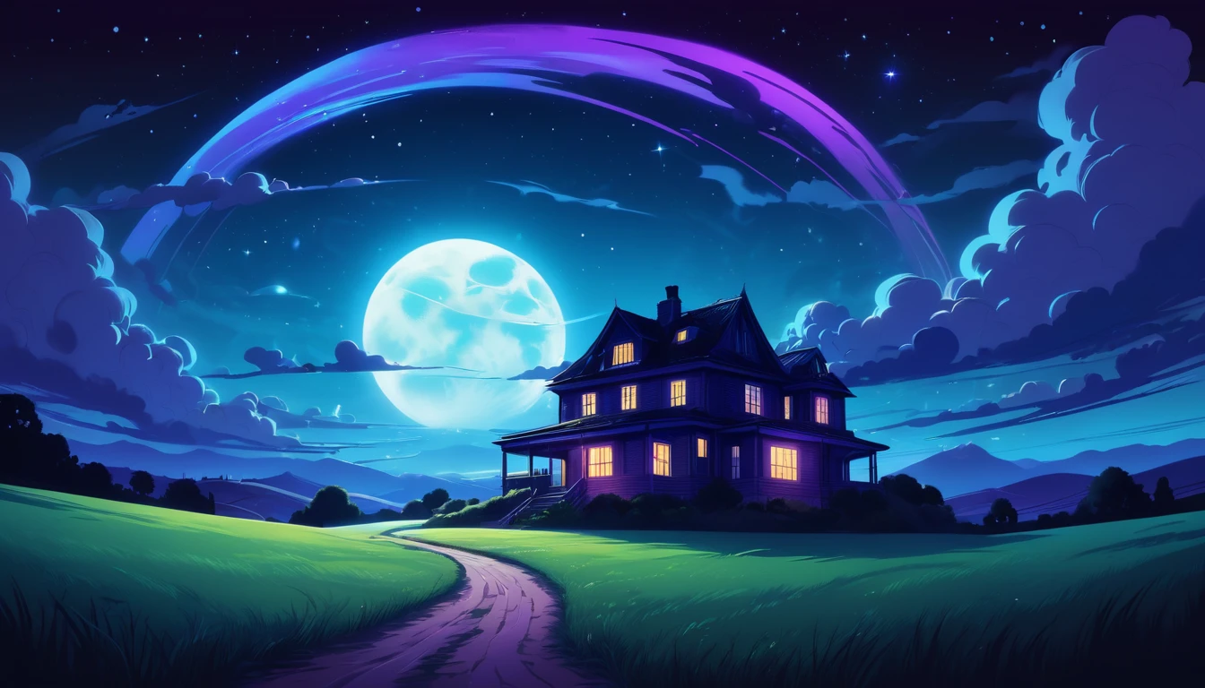 A nighttime scene with a starry sky and dark clouds in the background. In the foreground, there is the silhouette of an old, lonely house on a hill, illuminated by a large, bright full moon. Surrounding the house, there are subtle neon light waves and light trails, adding a trance music vibe. The color scheme includes shades of blue, purple, and black. The title “Jest taki samotny dom (Trance Remix)” is written in a futuristic font at the top, and the artist name “SOwho” is written at the bottom, with the remixer’s name below it in smaller font.