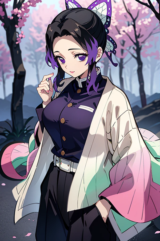 (masterpiece:1.3), (best quality:1.1), (8k, ultra detailed, ultra high res:1.2), ((anime style)), perfect 5 fingers, perfect anatomy,
1girl,
Shinobu Kochou,
BREAK long hair, wavy hair,
black hair, hair intakes, gradient hair,
purple eyes, bow in hair,
(large breasts:0.9),
BREAK black shirt, black tethered pants, white haori, looking at viewer,
BREAK cowboy shot, perfect light, outdoors, forest,