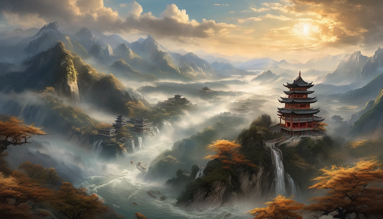 Ancient Chinese scenery, mountains, rivers, auspicious clouds, sunshine, masterpieces, super detail, epic composition, ultra HD, high quality, extremely detailed, photograph hyperrealistic, unified 8k wallpaper, Super detail, 32k -- v 6