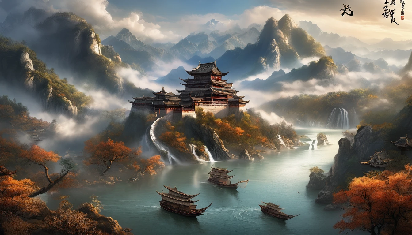 Ancient Chinese scenery, mountains, rivers, auspicious clouds, sunshine, masterpieces, super detail, epic composition, ultra HD, high quality, extremely detailed, photograph hyperrealistic, unified 8k wallpaper, Super detail, 32k -- v 6