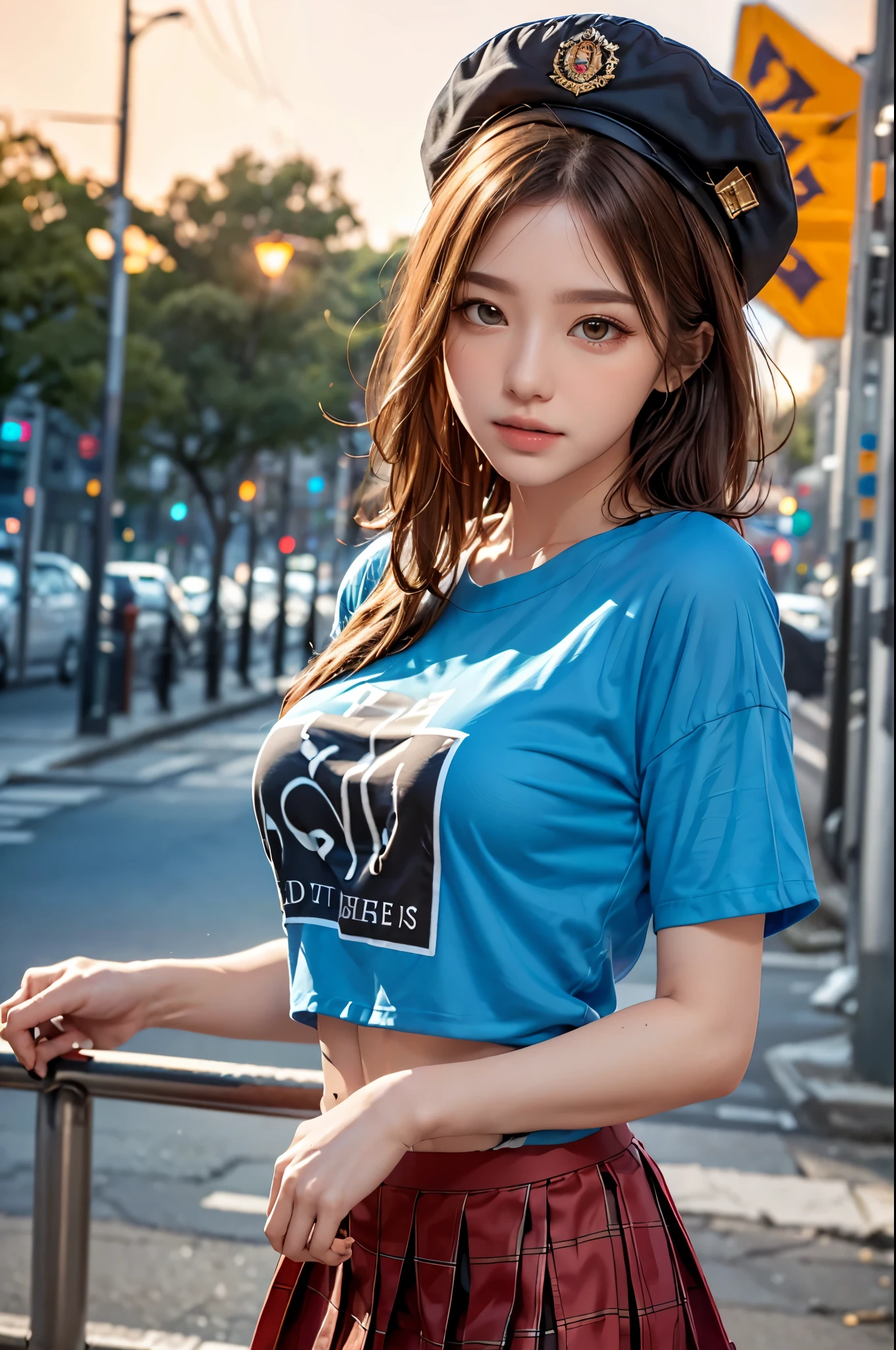 Wear your hat at an angle、Oversized T-shirt、Red checked mini skirt、Knee-high boots、Highest quality, masterpiece, Ultra-high resolution, (Realistic:1.4), RAW Photos, One Girl, Off the shoulder, In the Dark, Deep Shadow, Moderate, Night Alley, short hair, roadside,walk, 20-year-old,Cute face, Tight shirt,(head shot:1.5)