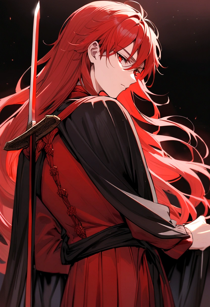 Beautiful young man with red hair, 17 years old, Red eyes, Shiny long hair that reaches down to the waist,It is tied in a knot at the back..He wears a red uniform and a black cape..Holding a sword.