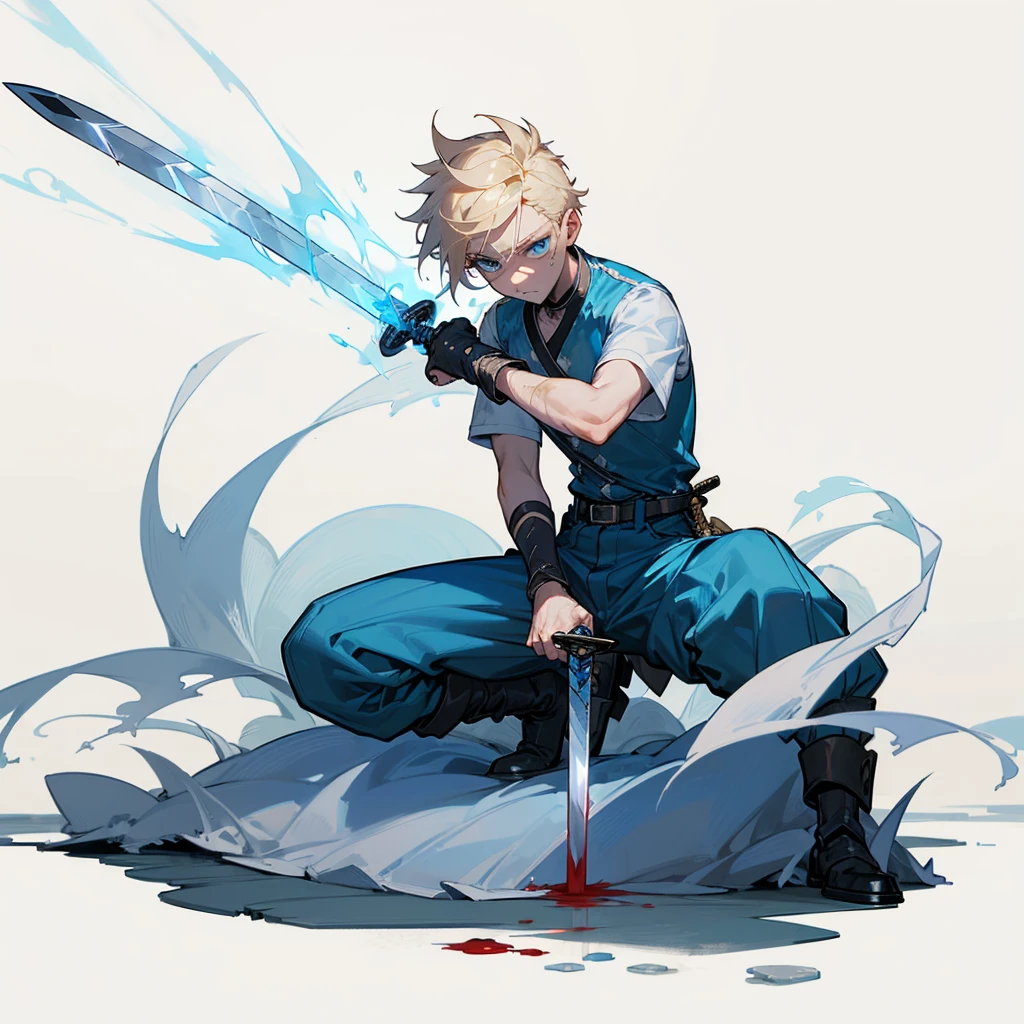 1character, Full body version, Viking boys, 1boys, albino skins, blue eyes, faux hawk hair, blonde colour hair, blue short sleeve shirt, blue trousers, boots, His clothes were full of blood, his face was flowing with blood, his hands were bleeding, he had wounds, his face was bleeding, his body was bleeding, ((long sword in hand, in a fighting pose, the long sword emits blue light, lightning flashes in the blade)), Grassroots, full background in a wide field, gusts of wind, the silhouette of moonlight, the moon, at night, the stars in the night sky 