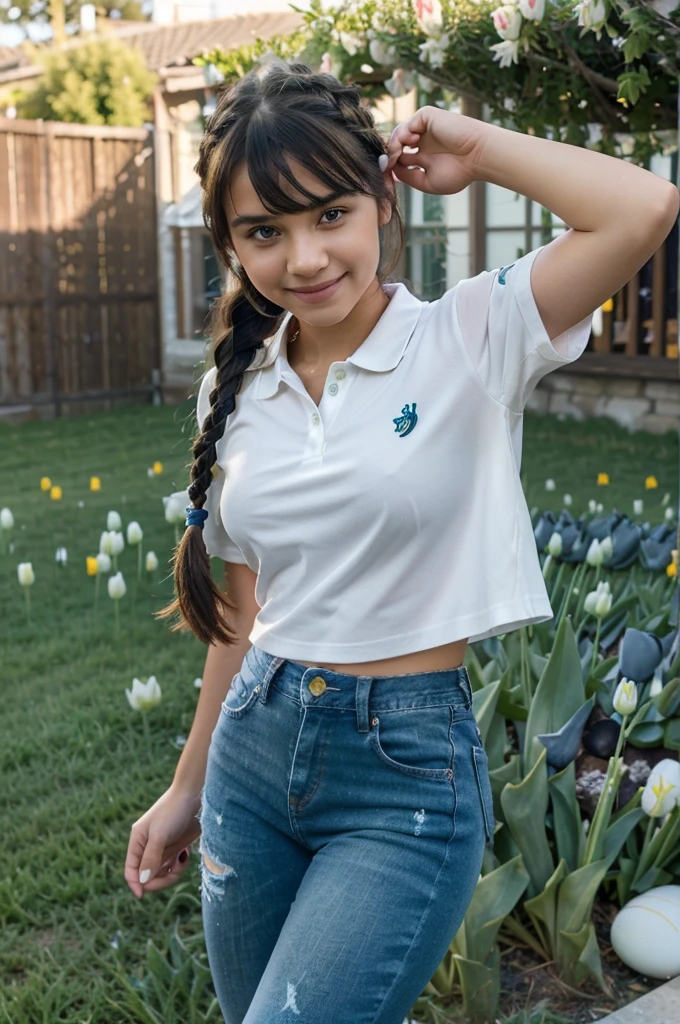 A girl with blue angel wings, a beautiful smile, holding a phone taking pictures, sunlight shining on her face, eyes looking at the boy in front, hair studded with tulips, skin as white as peeled eggs, bangs long black braided hair, wearing jeans, polo shirt, posing, surrounded by green grass with grazing cows