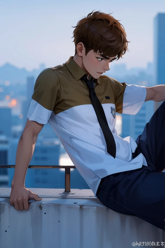 young male student, 16 years old, brown hair, standing on top of a building, can he see a city in the background?