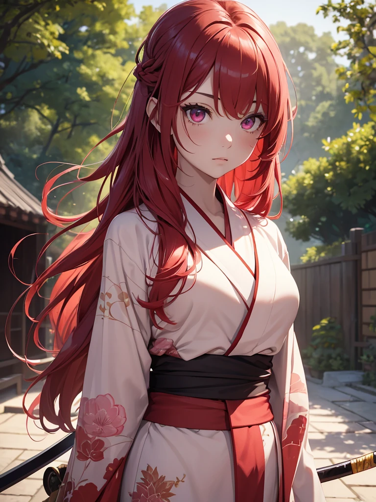(8K, Best Quality, Masterpiece, Ultra High Resolution) 1 Girl, Beautiful Eyes, Face Details, Long Red Hair, Tied Up Hair, Pink Eyes, Pale Skin, Wearing Red Kimono, Pink Details, Holding Katana Standing Outside, Best Quality, Upper Body, Looking at the Viewer, Facing Viewer, Close Up
