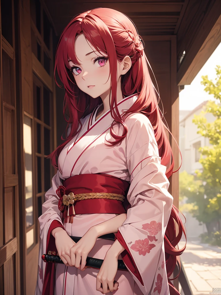 (8K, Best Quality, Masterpiece, Ultra High Resolution) 1 Girl, Beautiful Eyes, Face Details, Long Red Hair, Tied Up Hair, Pink Eyes, Pale Skin, Wearing Red Kimono, Pink Details, Holding Katana Standing Outside, Best Quality, Upper Body, Looking at the Viewer, Facing Viewer, Close Up