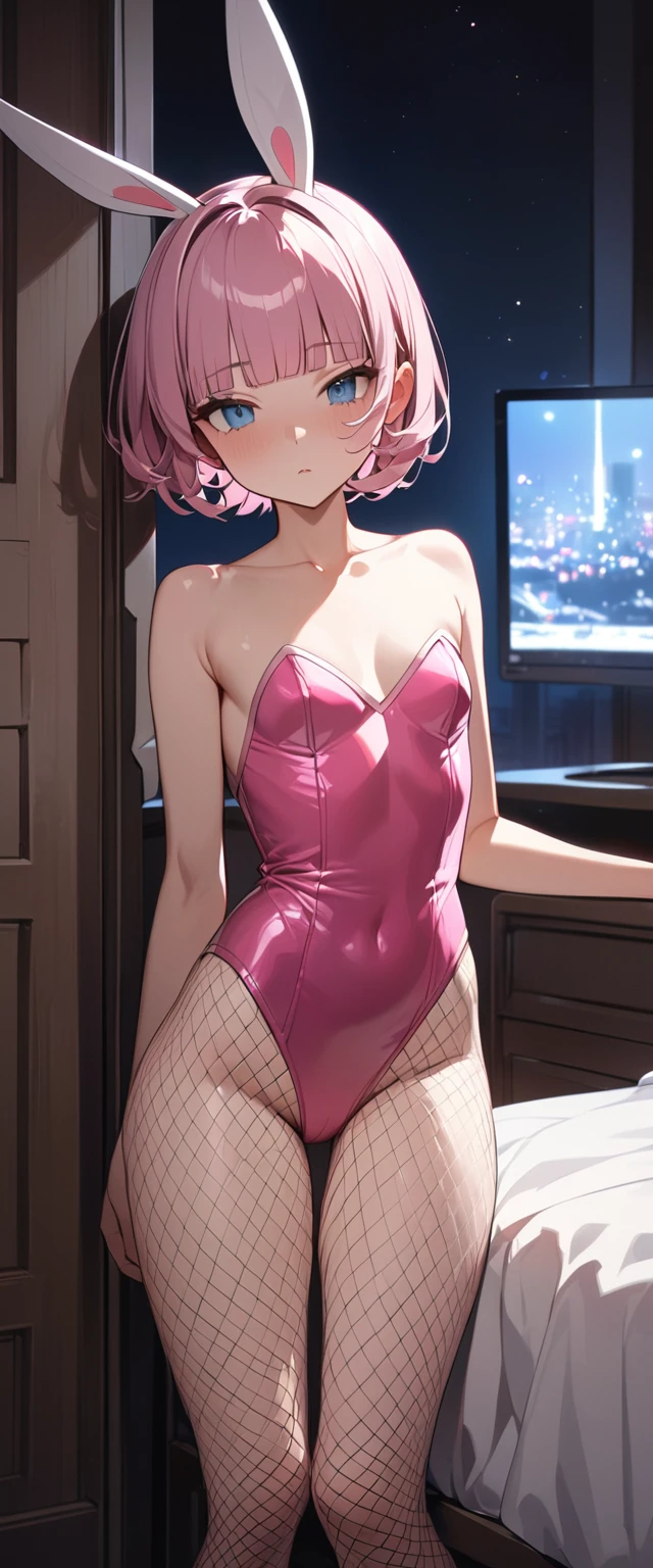masterpiece, best quality, ultra-detailed, 1girl, pink hair, short hair, ((blunt bangs)), flipped hair, (jitome), blue eyes, Medium chest、slim、Late night bedroom、Bunny ears、Small breasts、Pink leotard、Fishnet tights、whole body