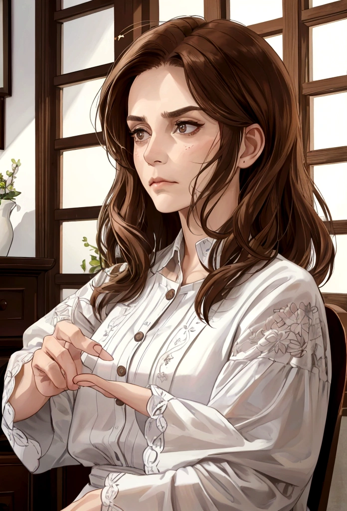 Detailed portrait of a middle-aged woman who looks like an aunt, with long brown hair, stern expression, white bought shirt, (high quality), super detailed, morning, detailed face and hands , expressive eyes, sharp focus, complex wrinkles, frown lines, strong gaze, dignified posture, homely setting, interior scene, natural light