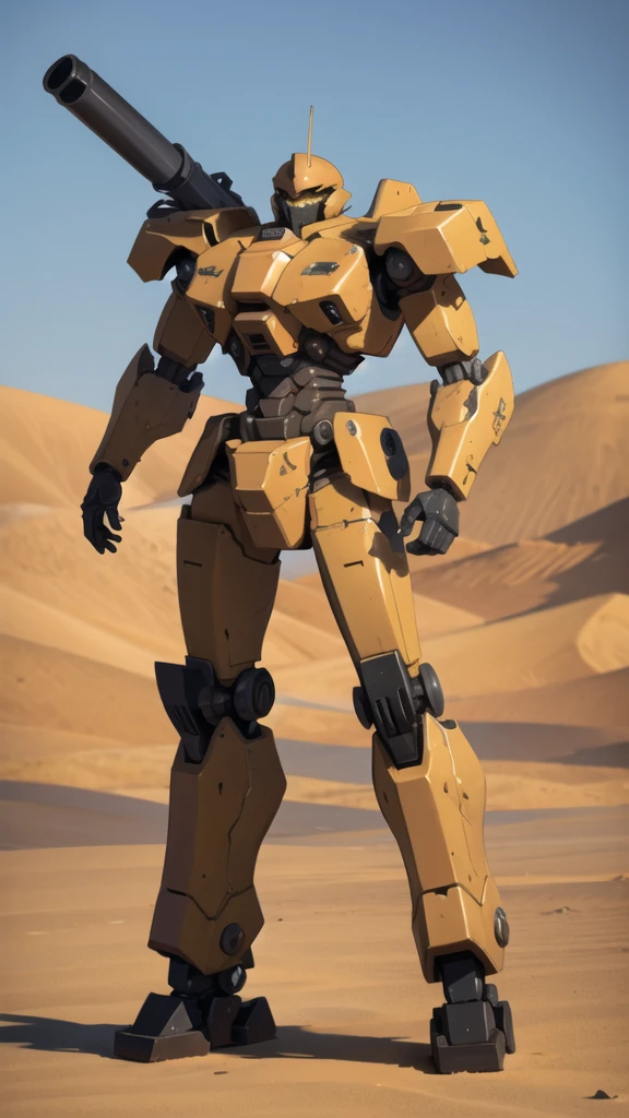 Several full-body war robots with yellow eyes and a ruined, desert background.