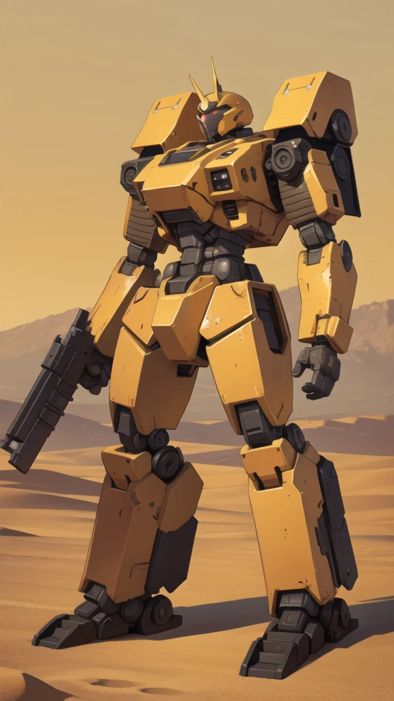 Several full-body war robots with yellow eyes and a ruined, desert background.