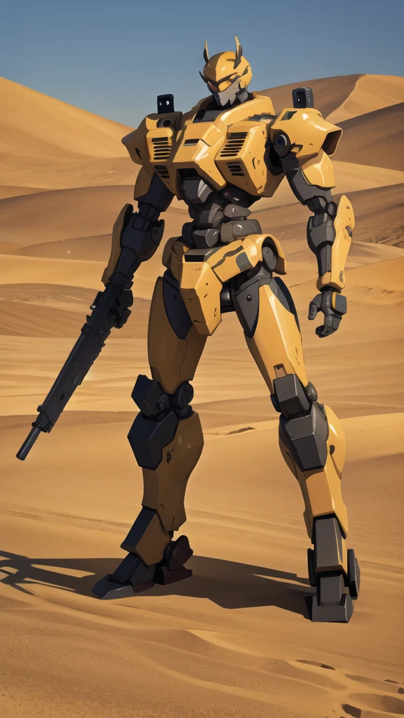 Several full-body war robots with yellow eyes and a ruined, desert background.
