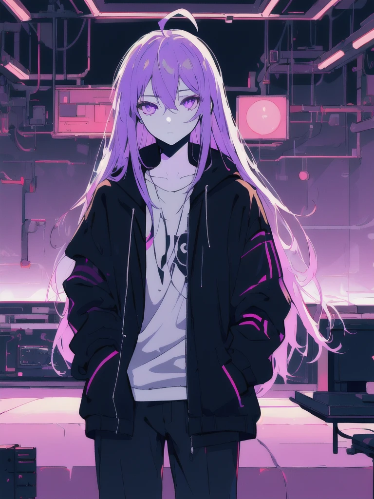 ((masterpiece)), (best quality), ((highres)), 4K, Detailed, (Ambient Light, Digital Art, Soft Lighting, extremely detailed 8K wallpaper:1.2), BREAK 1girl, solo, pale skin, violet eyes, violet hair, ahoge, (absurdly long hair:1.1), flat chest, cyberpunk scenery, black jacket, pants, shirt, night, hand in pocket, looking at viewer, hair between eyes, expressionless, rtx, neon light, black medical mask