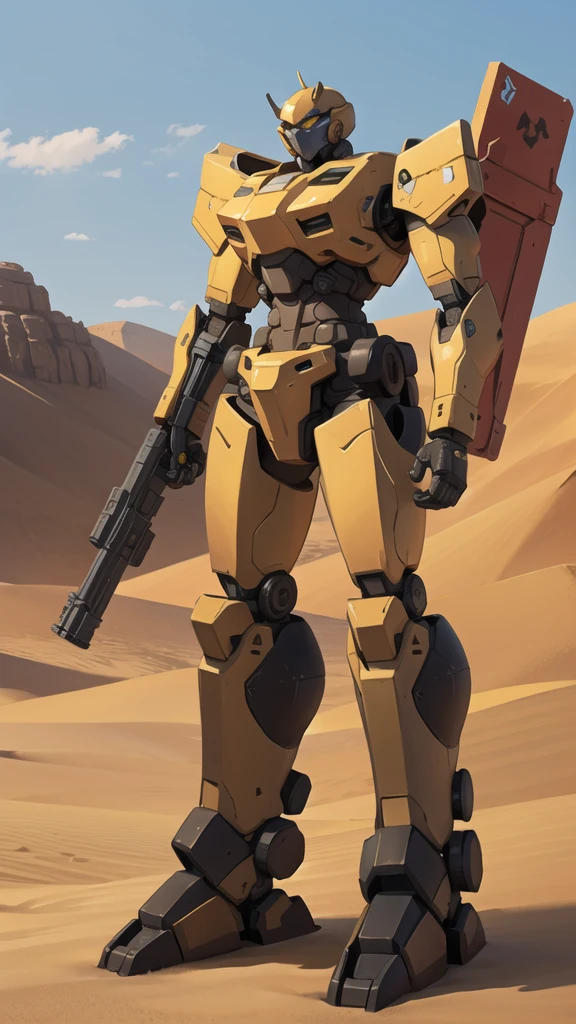 Several full-body war robots with yellow eyes and a ruined, desert background.