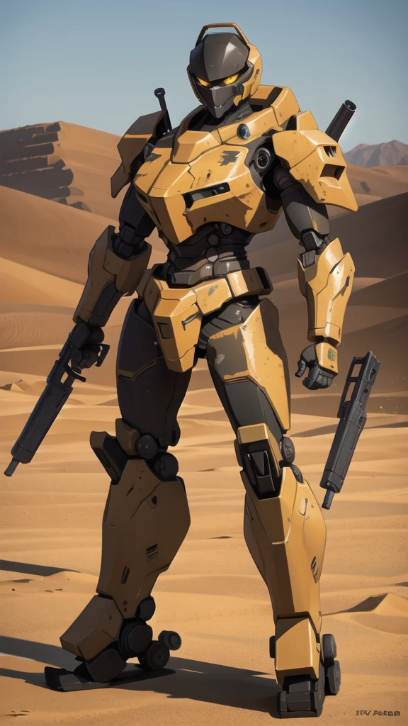 Several full-body war robots with yellow eyes and a ruined, desert background.
