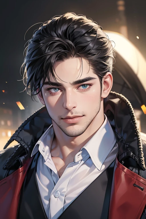 (best quality,4k,8k,highres,masterpiece:1.2),ultra-detailed,(realistic,photorealistic,photo-realistic:1.37),30 year old man,3 day beard,handsome anime,portraits,strong,masculine,dark hair,sharp jawline,mesmerizing eyes,perfectly styled hair,cool anime outfit,confident expression,vibrant colors,dynamic lighting, CEO and expression smile in love.
