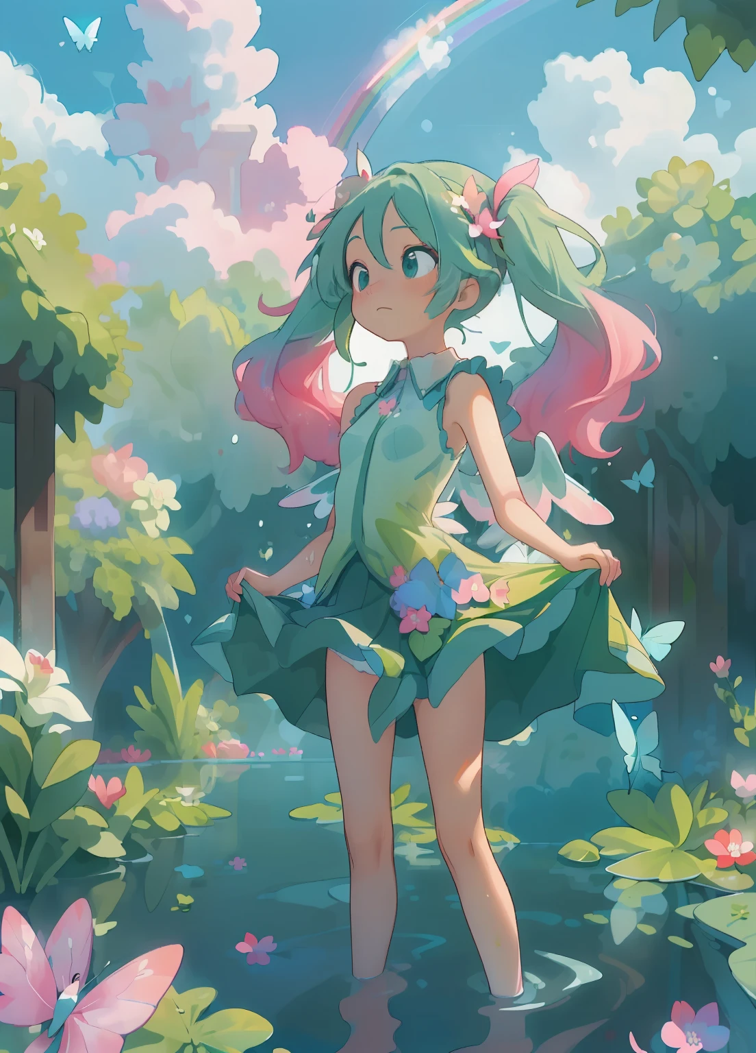 (masterpiece、Highest quality、Highest quality、Official Art、Beautiful and beautiful:1.2)、(One girl:1.3)Hatsune Miku、Twin tails,Beautiful breasts,masterpiece, Highest quality, Absurd, figure, watercolor,One girl,Girl with butterfly wings, in water, alone, Long Hair, dress, Skirt Hold, panties, No sleeve, barefoot, Bare shoulders, Are standing, Outdoor, cloud, null, water, water splashes, rainbow,(tight dress:0.5),(green, red, pink, Flower Room) ((rainbow色ホログラフィック衣類:1.3)) 