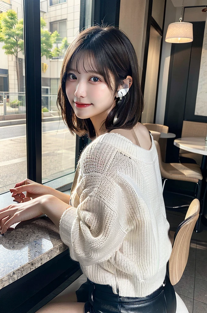 ((Highest quality, 8K, masterpiece: 1.3)),RAW Photos,Realistic atmosphere,Lens flare, Ray Tracing,(Detailed beautiful white skin:1.3),Beautiful Japanese, Shiny light brown short hair,Beautiful breasts,(Sexy facial mole),A stylish cafe with lots of sunshine,Sitting in a high chair and listening to music with earphones,Angle from the ground、Angle from behind、Beautiful calves and thighs、Beautiful shoulders,Sandals、Shorts、Knitted Camisole、Cardigan draped over the shoulders,