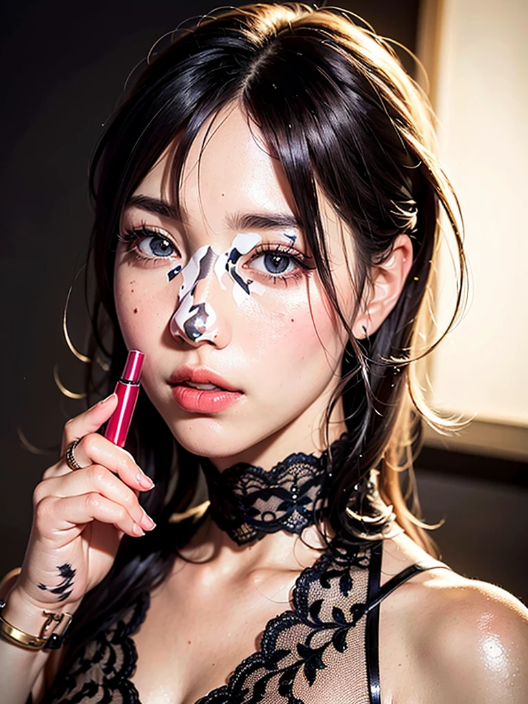 (8K, RAW Photos, Realistic:1.25) ,( Lip gloss, eyelash, Shiny surface, Shiny skin, Highest quality, Ultra-high resolution, Depth of written boundary, chromatic aberration, Caustics, Wide lighting, Natural Shading,K-Pop Idols) She gazes upon the viewer with a calm, goddess-like happiness.,