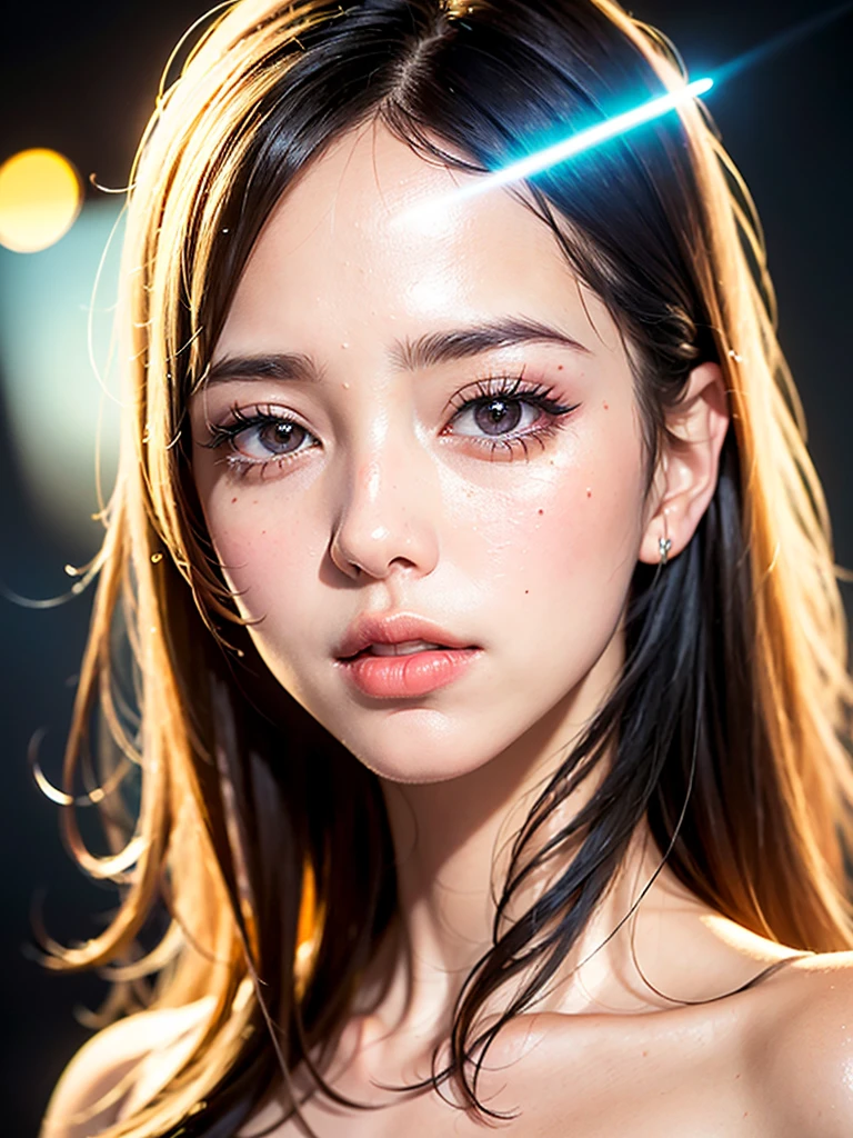 (8K, RAW Photos, Realistic:1.25) ,( Lip gloss, eyelash, Shiny surface, Shiny skin, Highest quality, Ultra-high resolution, Depth of written boundary, chromatic aberration, Caustics, Wide lighting, Natural Shading,K-Pop Idols) She gazes upon the viewer with a calm, goddess-like happiness.,