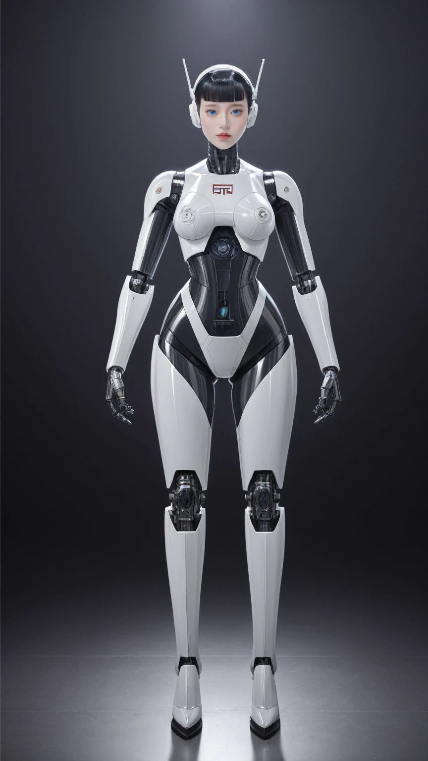 score_9, score_8_up, score_7_up, BREAK,
In a robot-embly plant, a masterpiece of engineering stands completed. This Japanese android girl, a perfect blend of technology and aesthetics, exudes an aura of meticulous craftsmanship. Her plump form, adorned with control panels and mechanical hands, showcases her advanced design. Her arms and legs, robotic yet fluid, hint at her incredible capabilities. Her blunt bangs and long tube, thick cables connecting her neck, add to her striking appearance. Her blue eyes, a stark contrast to her metallic exterior, reflect a sense of intelligence and curiosity. This android, a marvel of humanoid robotics, stands as a testament to the pinnacle of robotic engineering.