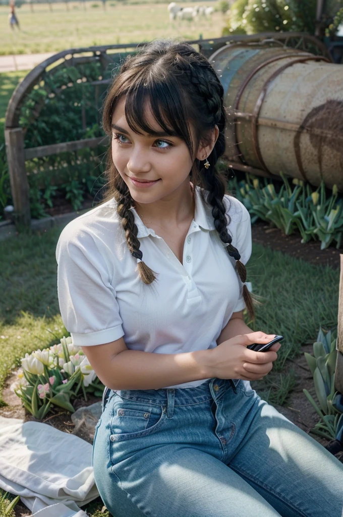 A girl with blue angel wings, a beautiful smile, holding a phone taking pictures, sunlight shining on her face, eyes looking at the boy in front, hair studded with tulips, skin as white as peeled eggs, bangs long black braided hair, wearing jeans, polo shirt, posing, surrounded by green grass with grazing cows