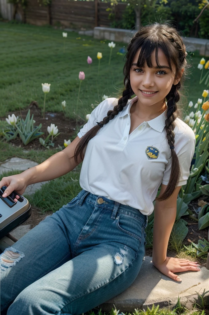 A girl with blue angel wings, a beautiful smile, holding a phone taking pictures, sunlight shining on her face, eyes looking at the boy in front, hair studded with tulips, skin as white as peeled eggs, bangs long black braided hair, wearing jeans, polo shirt, posing, surrounded by green grass with grazing cows