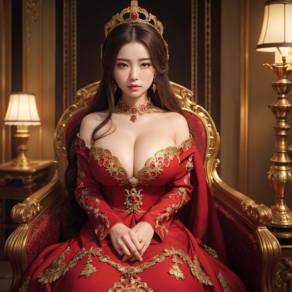 a woman with exaggerated large breasts, confident sitting on a throne, wearing a gorgeous red dress, a large ornate crown on her head, looking down at the viewer, detailed facial features, hyper-realistic, 8k, ultra-detailed, photorealistic, masterpiece, dramatic lighting, cinematic, oil painting、She is a Japanese woman、She is protected by the knights.