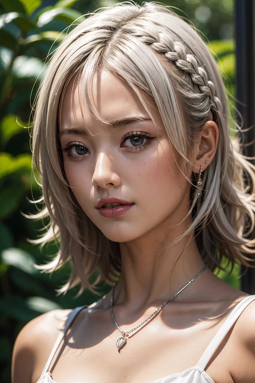 Realistic, masterpiece, Highest quality, Highest Resolution, High Detail, Soft Light, Professional Lighting, Backlight, Film Grain, The background is blurred, Japanese , (The subject was photographed from below, The subject does not look at the camera:1.3), 16 years old, Upper body photo, Looks sleepy, inattention, Grinning, Open your mouth, Beautiful and detailed eye drawing, (Droopy eyes:1.3), Dark Eyes, Thin eyebrows, Draw eyelashes carefully, Eyelash extensions, Gal Makeup, Orange Cheek,  (White brown wavy hair, Short Hair, Braid, middle part:1.3), (Hidden eyelid wrinkles:1.3), (Gothic summer , Silver Accessories:1.3), (Summer forest:1.3)