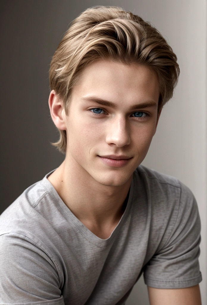 Portrait of a young man, blonde hair, 17 years old, blue eyes, gray t-shirt, jeans, 1boy, very handsome boy, attractive boy, harmonious body, symmetrical body, attractive man, handsome man, looking at the camera, evil smile, light brown hair, he is a moodel top, greek model, pose, film grain, ultra-detailed, portrait, medium shot, refined, beautiful, beauty, symmetry, perfection, harmony, fitted