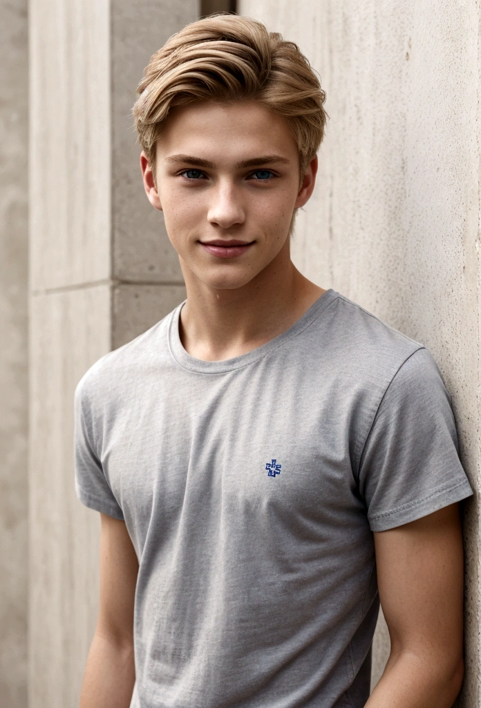 Portrait of a young man, blonde hair, , blue eyes, gray t-shirt, jeans, 1boy, very handsome boy, attractive boy, harmonious body, symmetrical body, attractive man, handsome man, looking at the camera, evil smile, light brown hair, he is a moodel top, greek model, pose, film grain, ultra-detailed, portrait, medium shot, refined, beautiful, beauty, symmetry, perfection, harmony, fitted