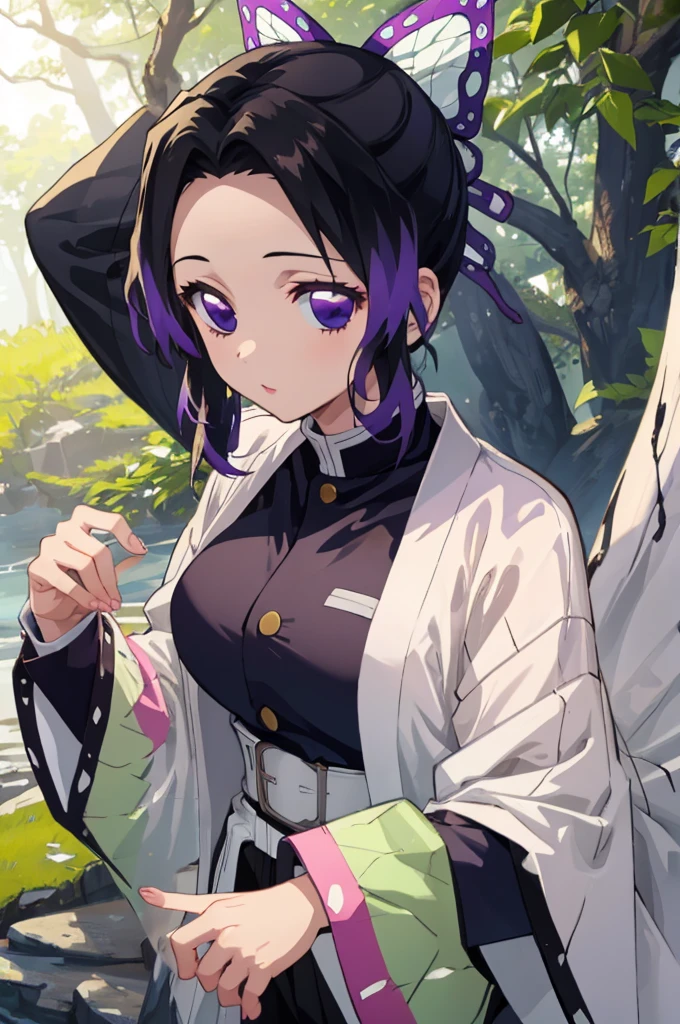 (masterpiece:1.3), (best quality:1.1), (8k, ultra detailed, ultra high res:1.2), ((anime style)), perfect 5 fingers, perfect anatomy, 
1girl,
Shinobu Kochou, 
BREAK long hair, wavy hair,  
black hair, hair intakes, gradient hair, 
purple eyes, bow in hair,
(large breasts:0.9),  
BREAK black shirt, black tethered pants, white haori, looking at viewer, 
BREAK cowboy shot, perfect light, outdoors, forest, 