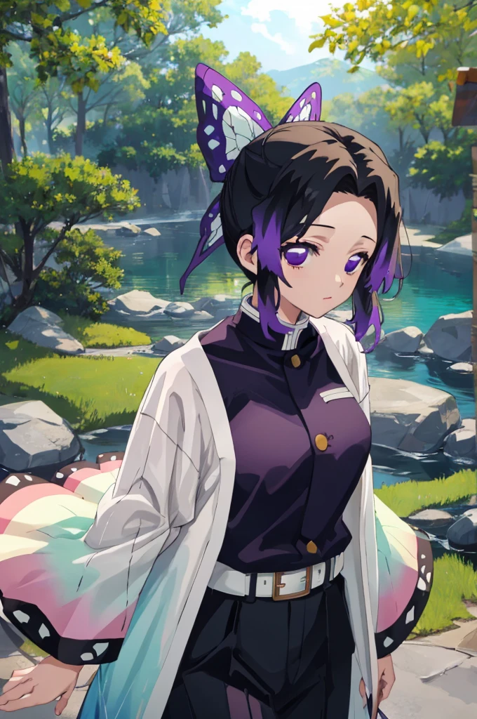 (masterpiece:1.3), (best quality:1.1), (8k, ultra detailed, ultra high res:1.2), ((anime style)), perfect 5 fingers, perfect anatomy, 
1girl,
Shinobu Kochou, 
BREAK long hair, wavy hair,  
black hair, hair intakes, gradient hair, 
purple eyes, bow in hair,
(large breasts:0.9),  
BREAK black shirt, black tethered pants, white haori, looking at viewer, 
BREAK cowboy shot, perfect light, outdoors, forest, 