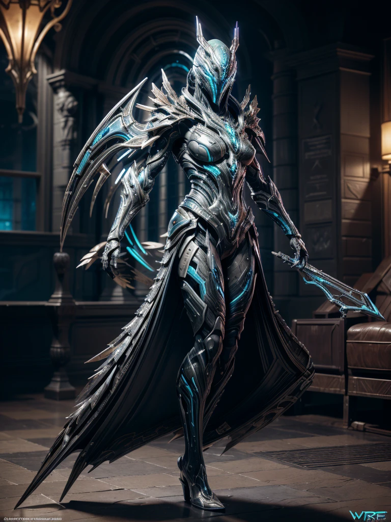 Photography of a cybernetic warrior with water-inspired enhancements in a Warframe character design. The warrior's futuristic armor features intricate details and patterns that evoke the fluidity and grace of water elements, creating a visually captivating and dynamic character portrayal. Against a backdrop of digital landscapes and high-tech environments, the cybernetic warrior exudes power and agility, embodying the adaptability and strength of water in a futuristic combat setting. The composition showcases the intricate design elements of the warrior's aquatic-inspired enhancements and the seamless integration of natural motifs
