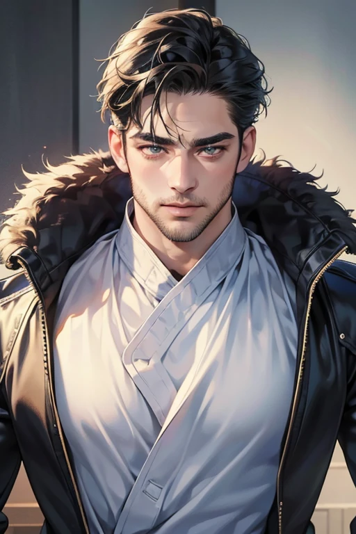 (best quality,4k,8k,highres,masterpiece:1.2),ultra-detailed,(realistic,photorealistic,photo-realistic:1.37),30 year old man,3 day beard,handsome anime,portraits,strong,masculine,dark hair,sharp jawline,mesmerizing eyes,perfectly styled hair,cool anime outfit,confident expression,vibrant colors,dynamic lighting, CEO and expression smile in love.