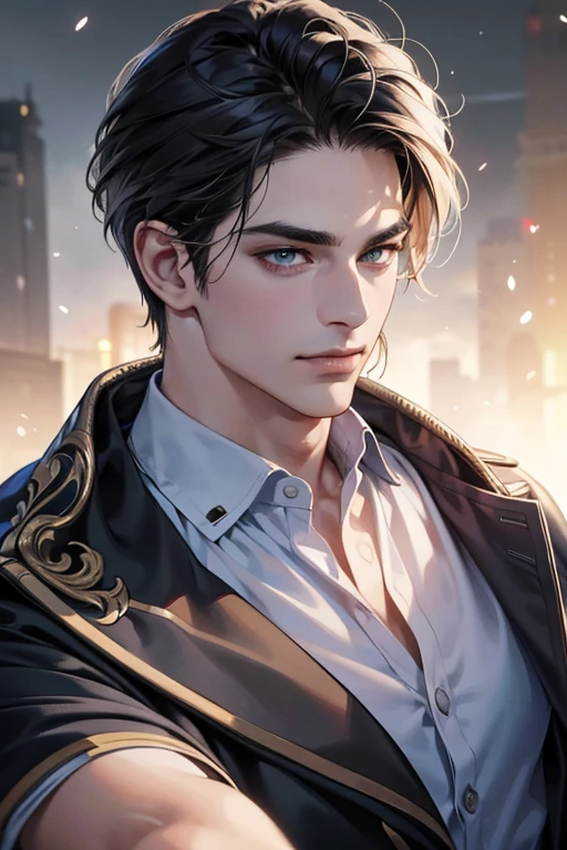 (best quality,4k,8k,highres,masterpiece:1.2),ultra-detailed,(realistic,photorealistic,photo-realistic:1.37),30 year old man,3 day beard,handsome anime,portraits,strong,masculine,dark hair,sharp jawline,mesmerizing eyes,perfectly styled hair,cool anime outfit,confident expression,vibrant colors,dynamic lighting, CEO and expression smile in love.
