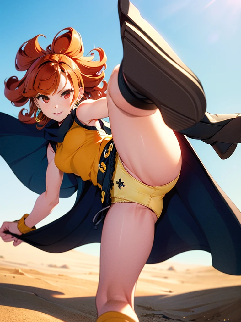 1 Girl、High resolution、masterpiece、(Arena - DQ4、DQ4-Arena、Orange Hair、Earrings、Cape、Yellow Dress、black tights)、Facial detailing、、Low length、thin、Muscular、thin太もも、Outdoor、、Knee-high socks、(((Sexy panties with detailed decoration、Detailed panties)))、Dynamic posture、High Kick、Attacking with the feet、Superperspective、Wide Shot、shortening、Combat Stance