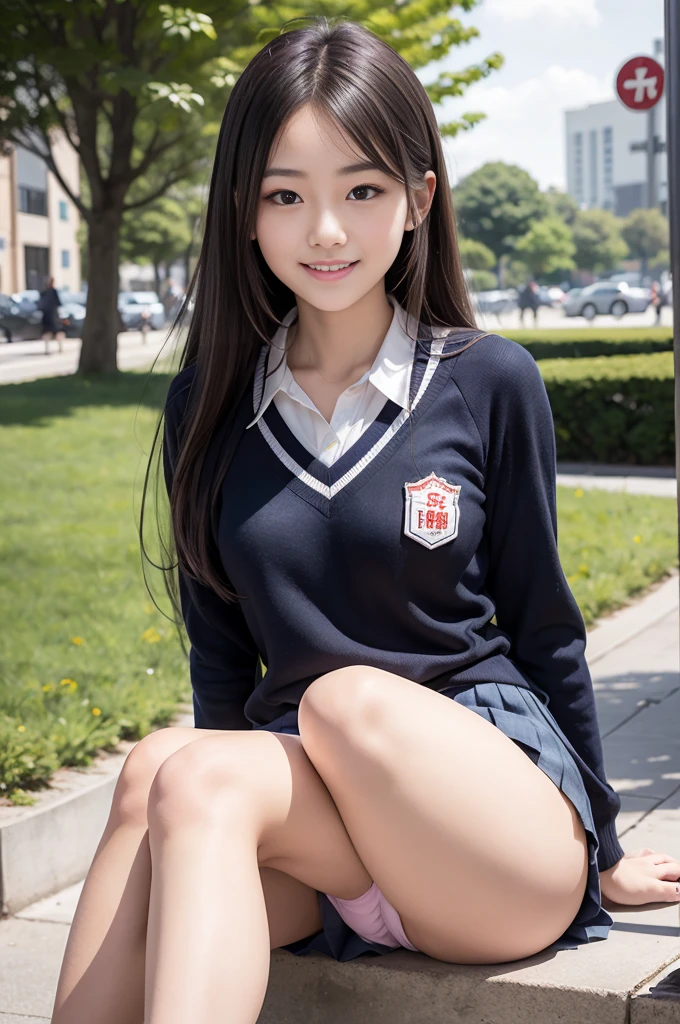 Pure Japanese school girl, sexual attractive, sweet temptation, outstanding body, beautiful legs, wearing uniform, high socks, loafers, (panty), natural long hair, sweet smile, sitting, refreshing in early summer, park, professional portrait photography, composition from the front,