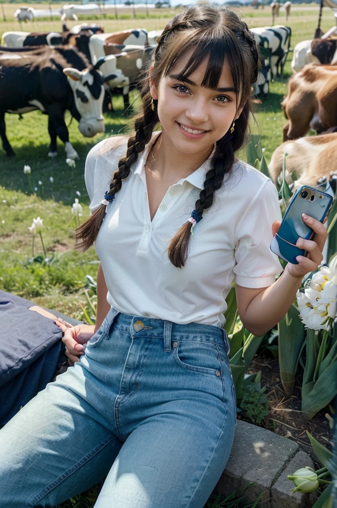 A girl with blue angel wings, a beautiful smile, holding a phone taking pictures, sunlight shining on her face, eyes looking at the boy in front, hair studded with tulips, skin as white as peeled eggs, bangs long black braided hair, wearing jeans, polo shirt, posing, surrounded by green grass with grazing cows